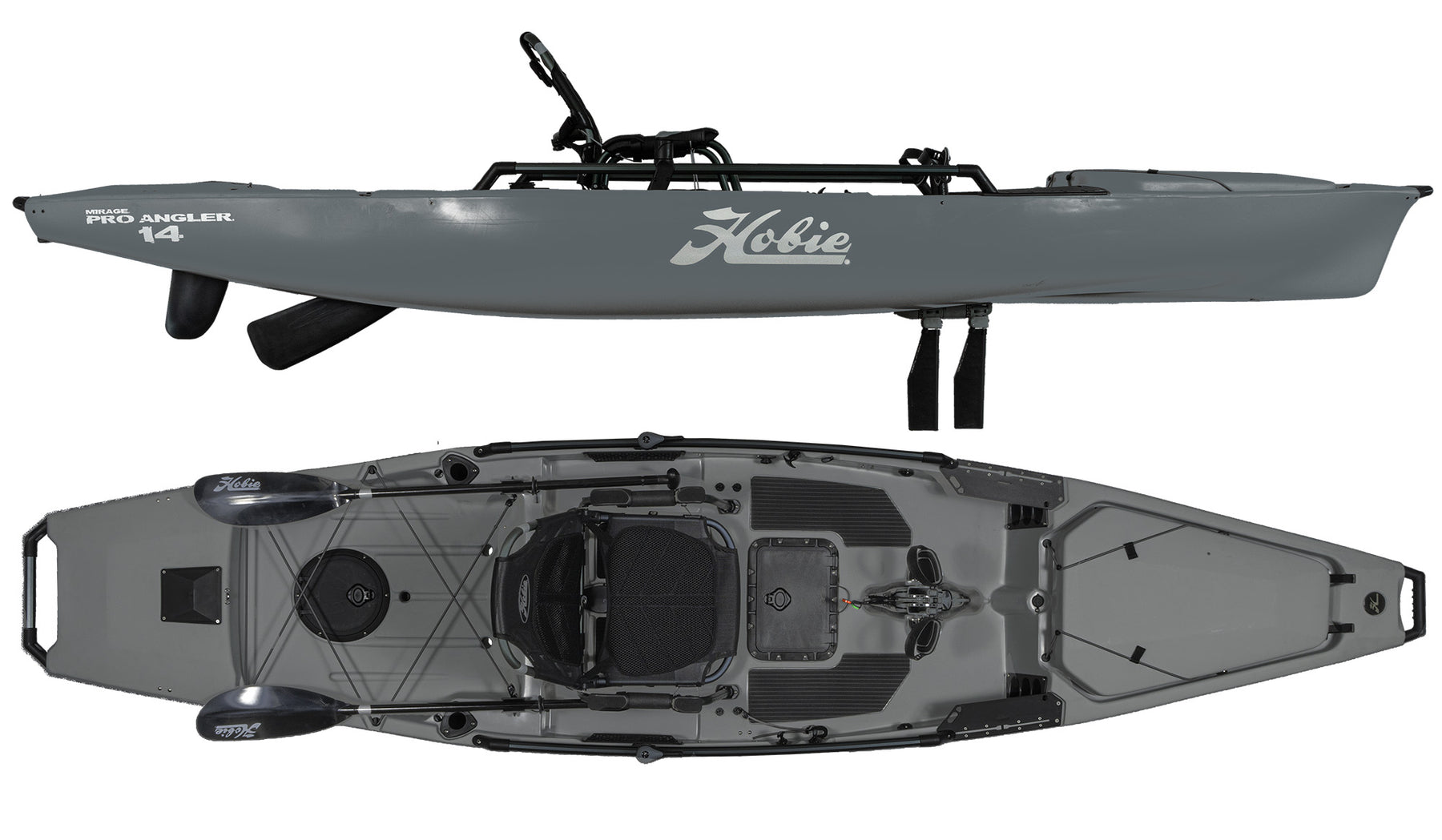 Hobie Fishing Kayak Pro Angler 14 180 Battleship Grey Top and Side View | SKU: 85261019-22
