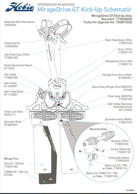 Hobie MirageDrive GT Kick-Up Parts Guide and Schematic