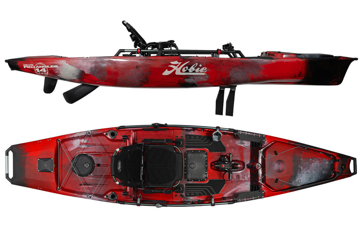 Hobie Pro Angler 14 MirageDrive360XR Campfire Red Camo Top and Side View | SKU: 27100067-24