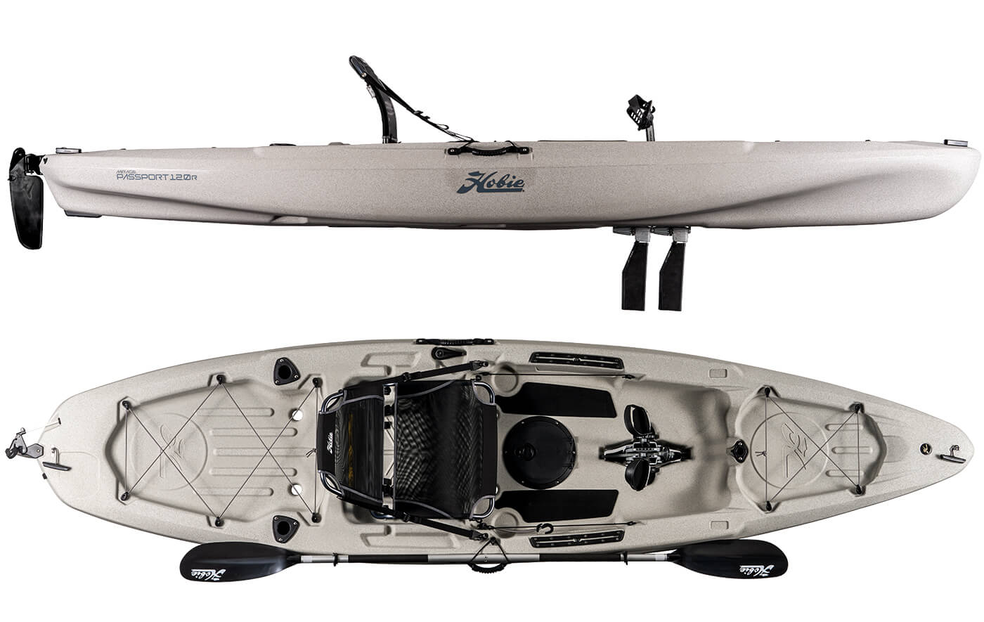 Hobie Passport 12R Kayak Ivory Dune Top and Side View | SKU: 27100037-23